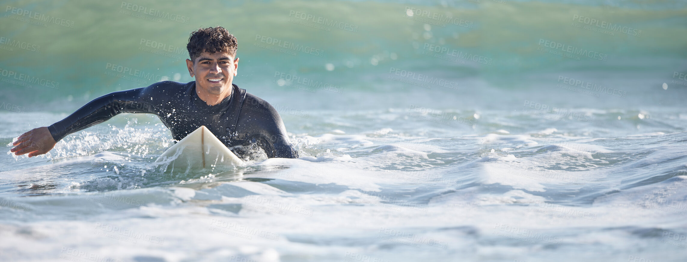 Buy stock photo Surfing, man and swimming in sea ocean of summer adventure, nature freedom or mockup banner. Happy young surfer guy, board and waves in water, beach and relax for holiday, sunshine travel or wellness