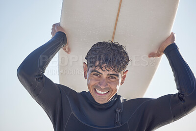 Buy stock photo Portrait, surf and man surfer with surfboard at the beach, sea or ocean with a smile and is happy on a summer day. Exercise, surfing and male with swimsuit in Australia with freedom on the waves