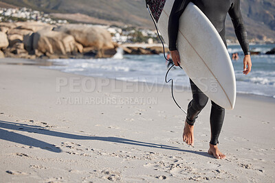 Buy stock photo Surfing, man and walking on sand, sea and ocean for summer vacation, freedom or wellness. Legs of surfer guy, board and walk on beach of relaxing holiday, travel adventure or water sports in sunshine