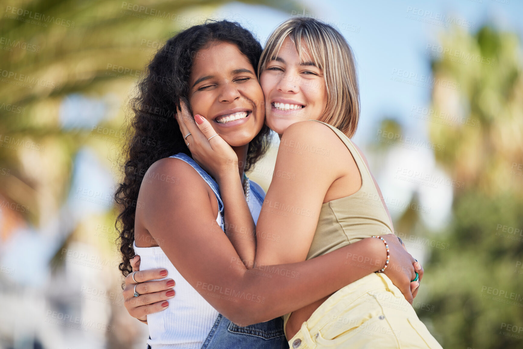 Buy stock photo Portrait, friends and hug outdoors for travel, vacation and summer holiday against blurred background. Face, happy and women embrace on a trip in Miami, smile and relax while on an adventure together