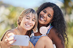 Smile, selfie and friends relax at a park for bonding, chilling and having fun on bokeh background. Happy, women and smile for profile picture, photo or blog by social media influencer in a forest