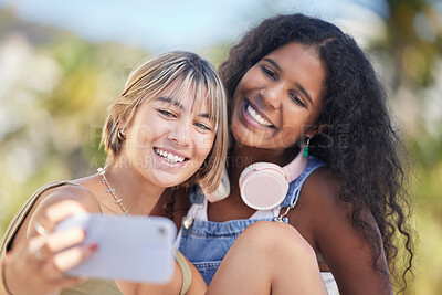 Buy stock photo Smile, selfie and friends relax at a park for bonding, chilling and having fun on bokeh background. Happy, women and girls for profile picture, photo or blog by social media influencer in a forest