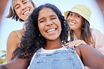 Selfie, portrait and friends relax at a park for bonding, chilling and having fun on bokeh background. Face, women and smile for profile picture, photo or blog by social media influencer in a forest