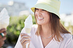 Ice cream, laugh and woman outdoor with dessert in summer vacation with a smile from comic joke. Food, women and holiday fun of young people with blurred background and smile together with happiness