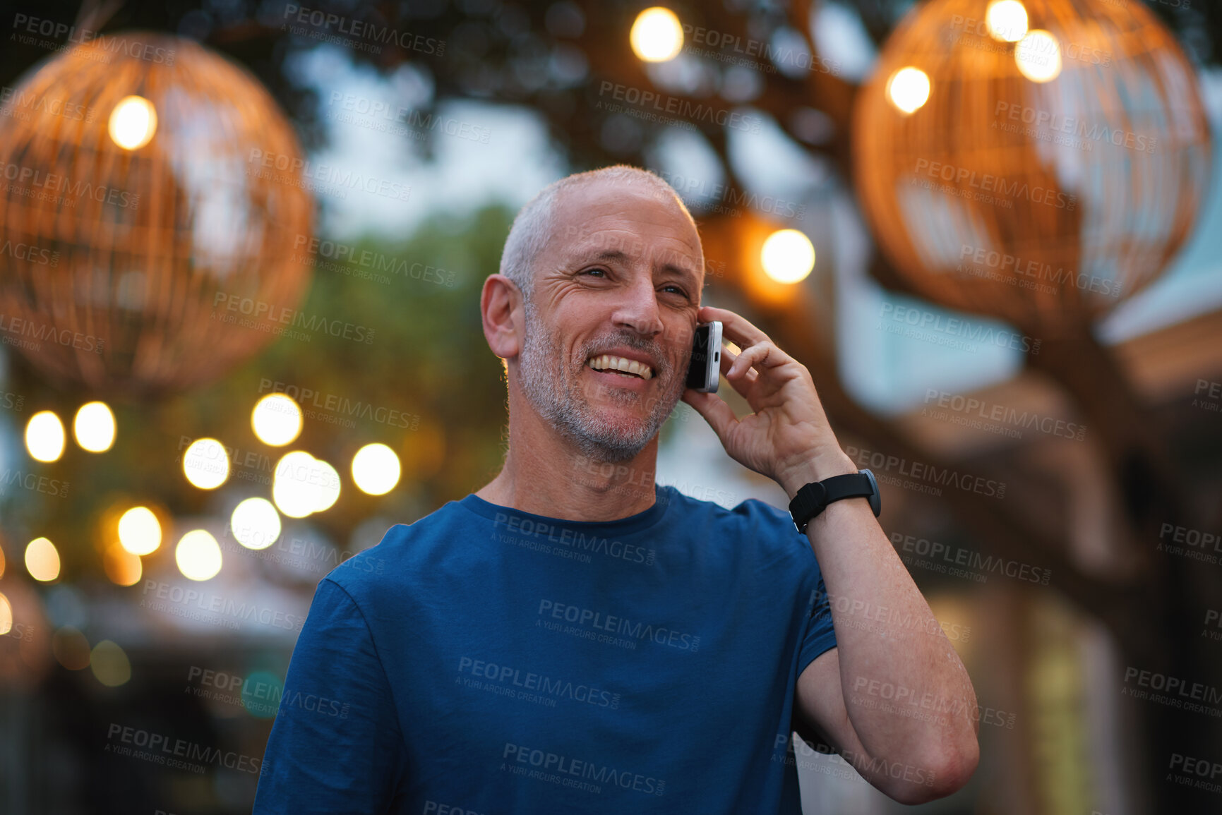 Buy stock photo Night, city and man on a phone call smile for networking, connection and chatting online in London. Communication, 5g smartphone and happy mature male in urban town talking, laugh and in conversation