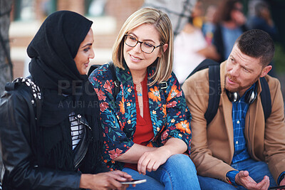 Buy stock photo Friends, diversity and happy people with communication and connection outdoor on stairs. Hijab, muslim and talking women and adult learning and international student community on college steps