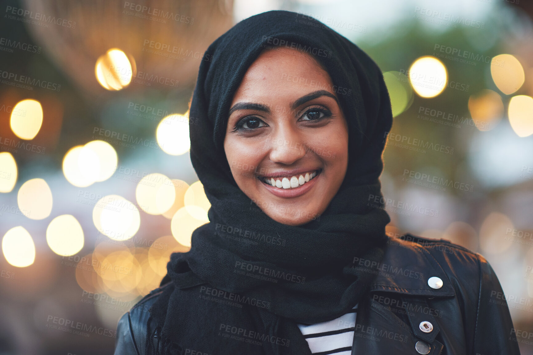 Buy stock photo Mockup, night and portrait of muslim woman in city with bokeh, lights and blurred background. Face, islamic and female relax in Dubai town for fun or explore, happy and smile outside with hijab