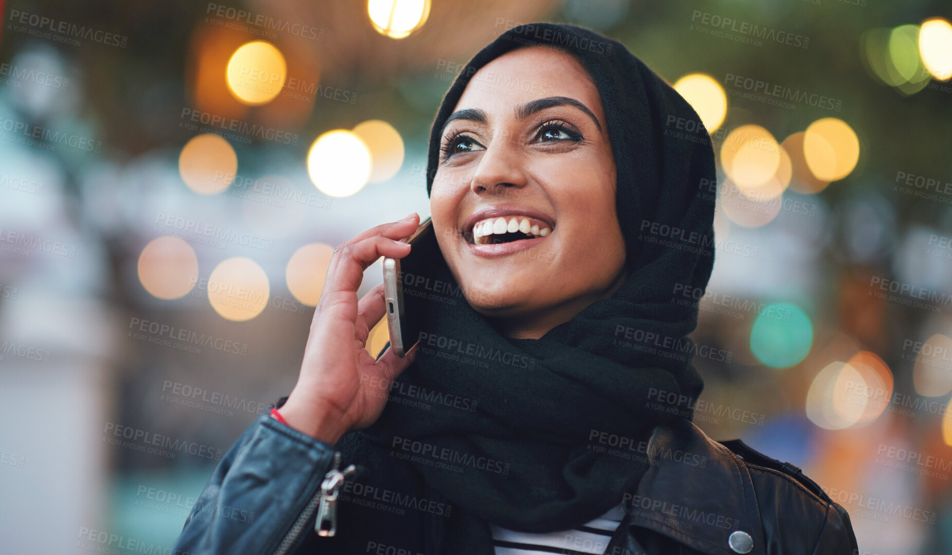 Buy stock photo Muslim, phone call and woman talking in city, chatting or speaking to contact in Dubai. Night bokeh, thinking or happy Islamic girl on 5g mobile smartphone for networking or  conversation with hijab