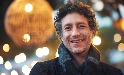 Buy stock photo Night, mockup and portrait of a man in city with bokeh, lights and blurred background. Happy and handsome face, mature male and traveller relax in Italy for fun, festival and break, trip and smile 