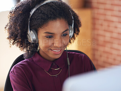 Buy stock photo Music headphones, computer and black woman in office, working and streaming audio. Technology, business desktop and happy female employee listening to podcast, radio sound or album song in workplace.