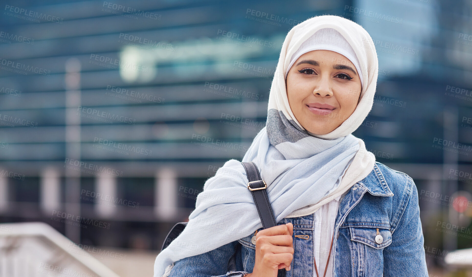 Buy stock photo Muslim, portrait and woman in city for travel, goal and future career against building background. Islamic, face and girl student in New york for intern, program or experience with vision or mindset