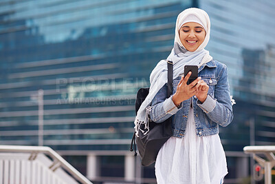 Buy stock photo Travel, location and muslim woman in a city online for gps, map and navigation against building. Islamic, smartphone and independent girl student online in Dubai, app and taxi with mockup space