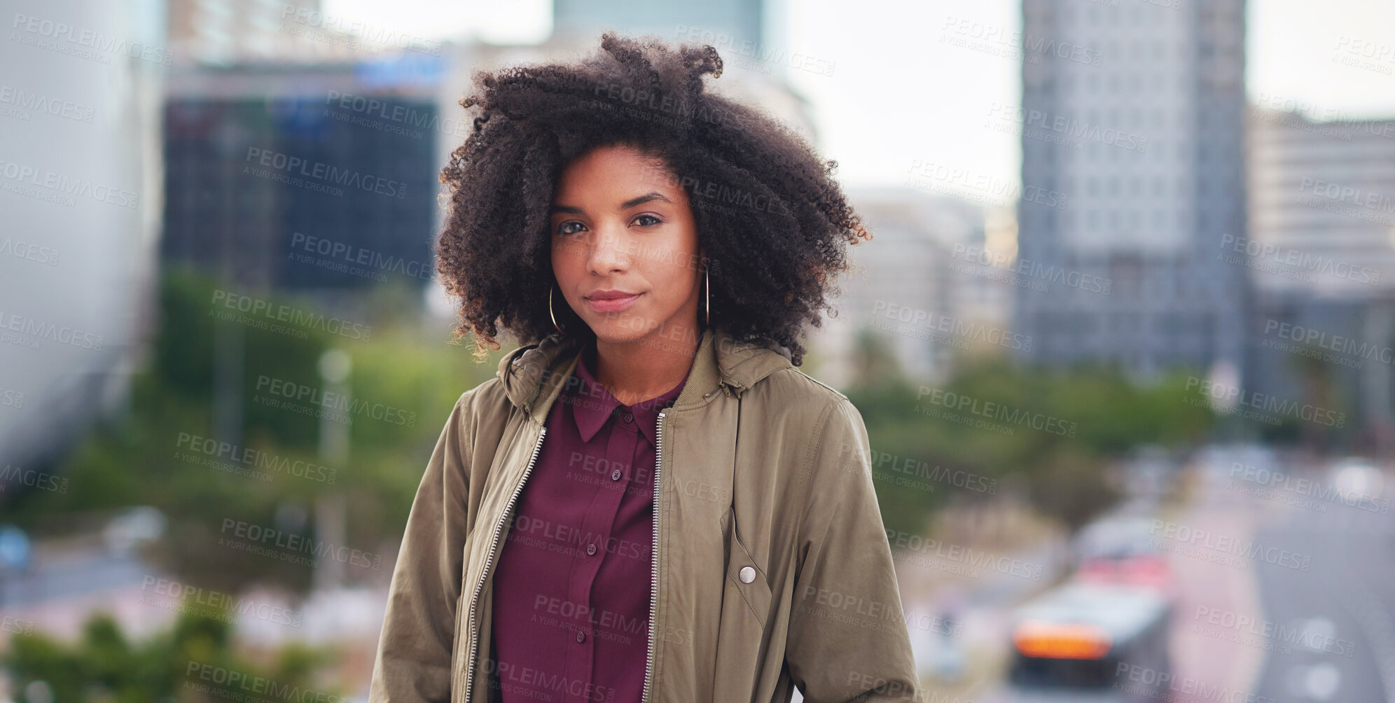 Buy stock photo Black woman in city, travel and freedom with portrait, content with mockup space and young person outdoor. Fashion, beauty and calm with peace and relax in urban cityscape, gen z youth in New York