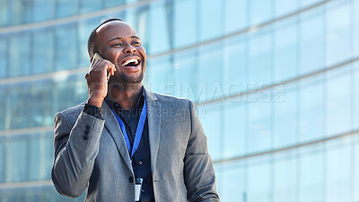 Buy stock photo Black man, phone call and laughing in city for communication, funny joke or meme in conversation. Happy African American male with smile and laugh for fun business discussion or talk on mockup