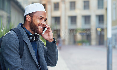 Buy stock photo Phone call, city and smile, Muslim businessman talking on cell outside office with mockup, happy worker in Turkey. Technology, communication and 5g, man with smartphone in conversation and networking.