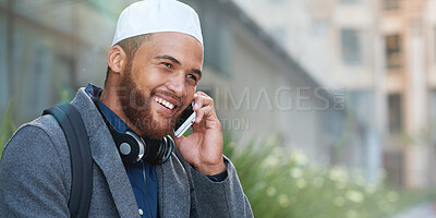 Buy stock photo Phone call, city and smile, islamic businessman talking on cell outside office, happy worker in Turkey. Technology, communication and Muslim man with smartphone and mockup in networking conversation.