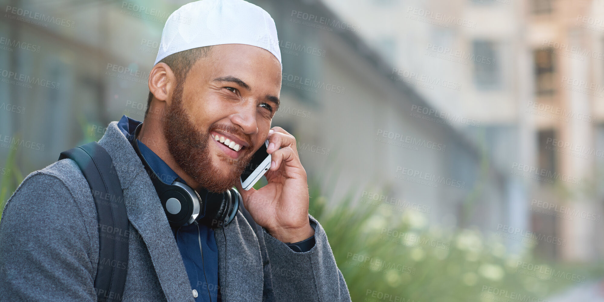 Buy stock photo Phone call, city and smile, islamic businessman talking on cell outside office, happy worker in Turkey. Technology, communication and Muslim man with smartphone and mockup in networking conversation.