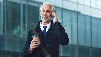 Buy stock photo City, phone call and coffee, mature businessman or lawyer outside law firm in discussion on legal advice. Ceo, man or happy boss with communication, 5g and smartphone, crm or networking conversation.