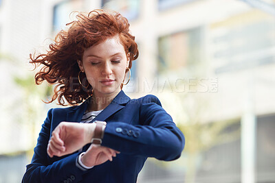 Buy stock photo Business woman, watch and checking time for schedule, planning or appointment in the city. Female employee looking at wristwatch in travel, commute or work opportunity in the street of a urban town