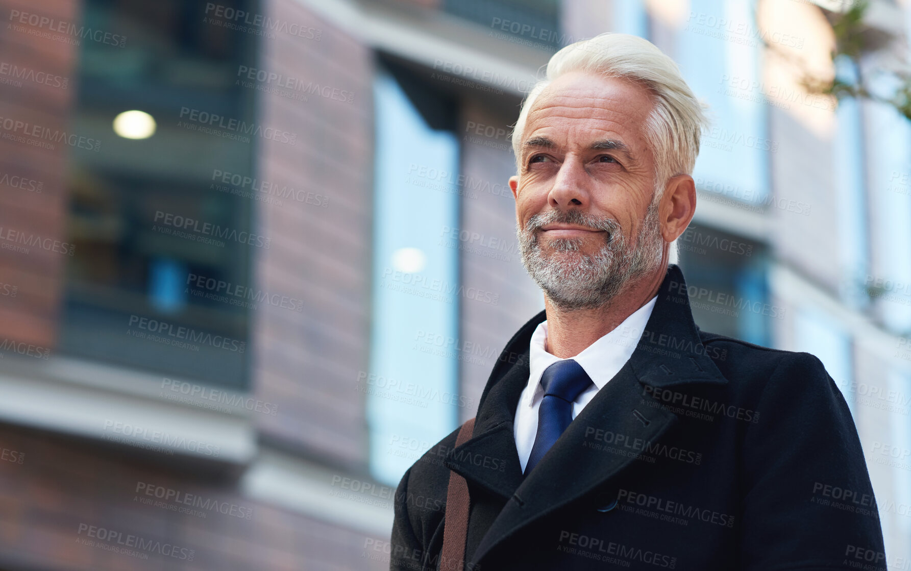 Buy stock photo Smile, city and walking with business man for professional, travel and mindset in the morning in New York. Ceo, executive and senior person in urban town for corporate, leadership and confident goals