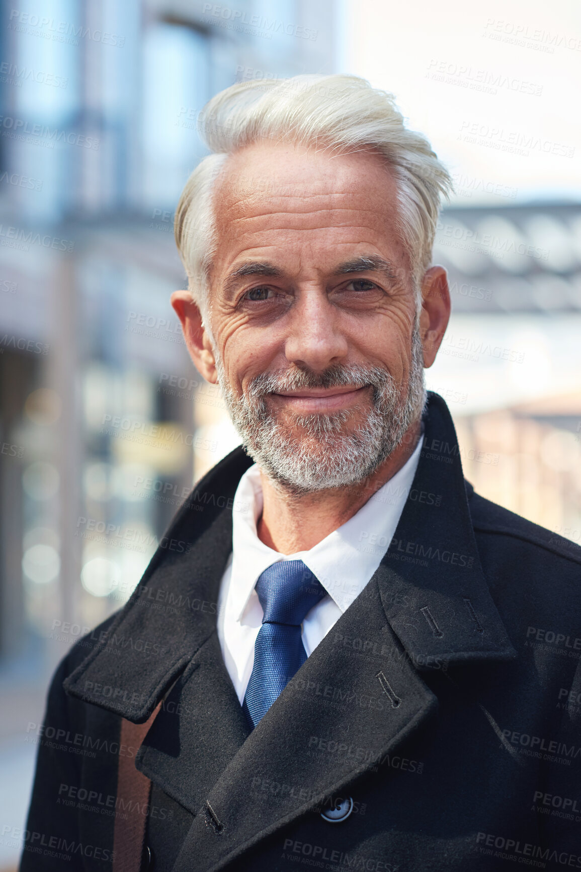 Buy stock photo Happy, portrait and mature businessman in the city for travel, commute and morning walk to work. Smile, fashion and elderly corporate employee smiling with confidence, pride and handsome in Norway