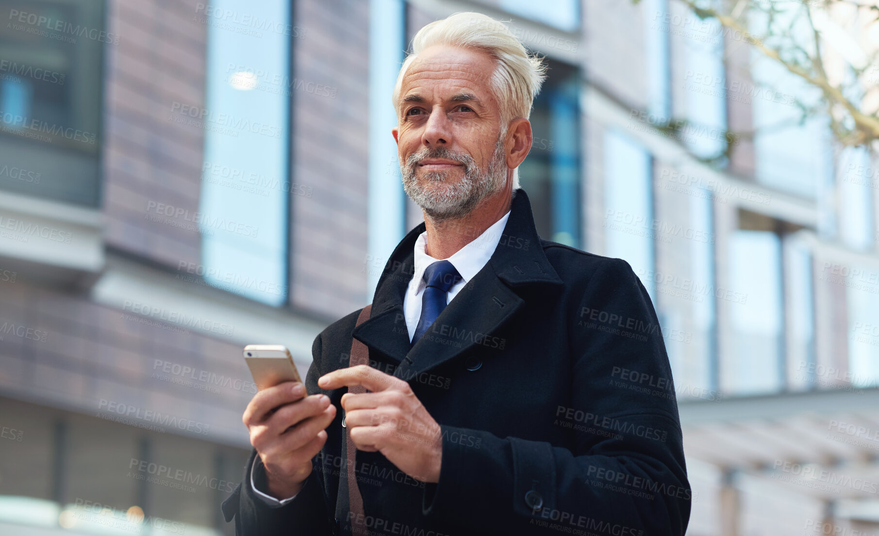 Buy stock photo City, phone and mature man at office building, success and confidence in business management. Ceo, lawyer or businessman standing on sidewalk with smartphone waiting for taxi at work with happy smile