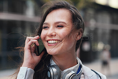 Buy stock photo Phone call, smile and happy business woman outdoor with worker communication and connection. Planning, networking and work conversation of an entrepreneur with blurred background and happiness