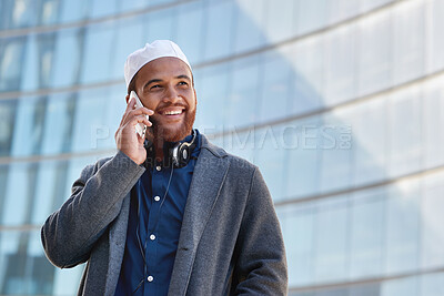 Buy stock photo Phone call, city and smile, Islamic man talking on cell outside office building, happy guy in Turkey. Technology, communication and 5g, Muslim businessman with smartphone, happiness and conversation.