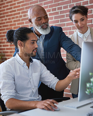 Buy stock photo Teamwork, computer and coaching with business people in office for idea, review or learning. Strategy, project management and planning with group in meeting for mentor, web design or creative startup