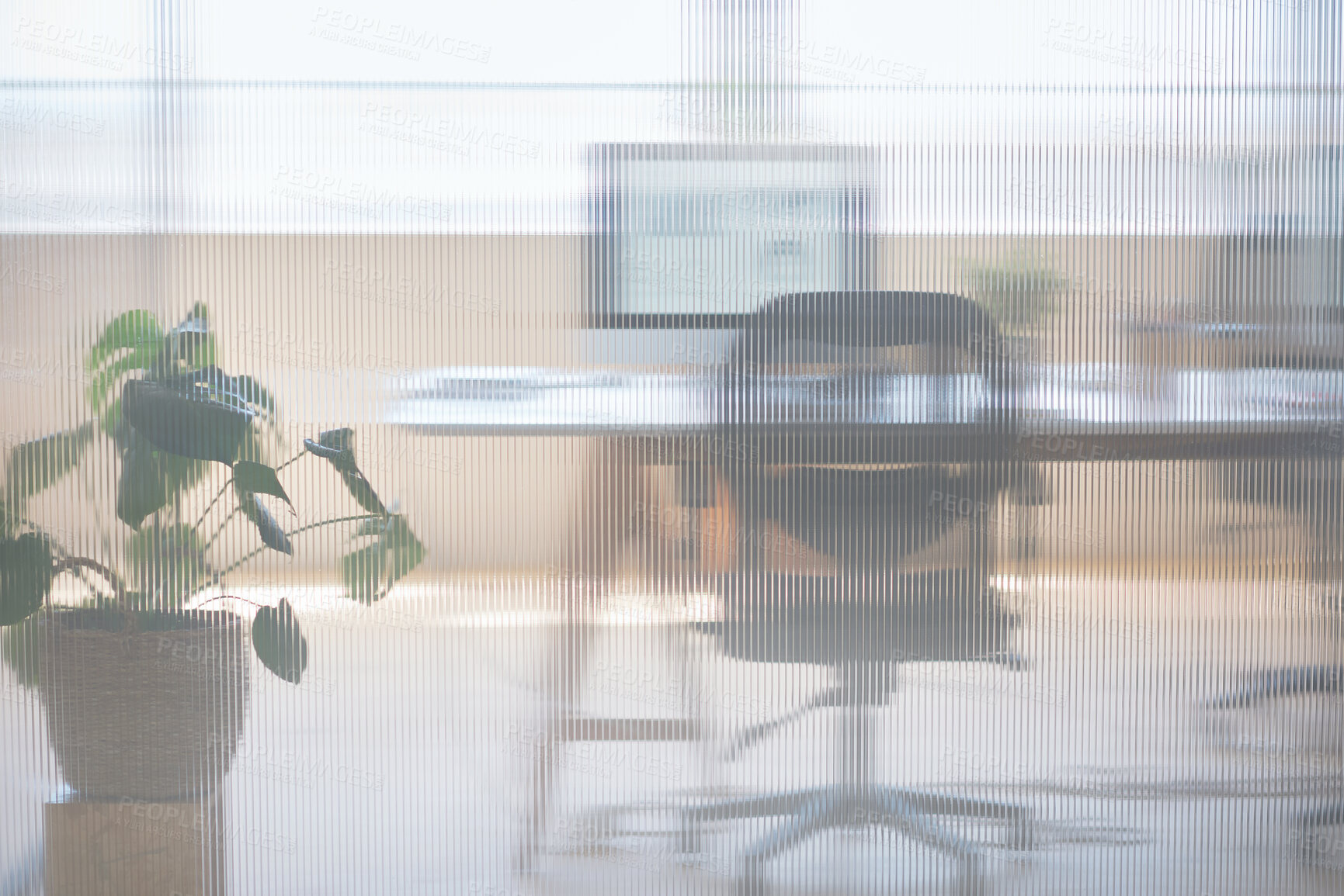 Buy stock photo Glass, business and empty room in an office for work with a desk and computer for working. Interior design, architecture and executive workspace at a corporate company for a job in project management