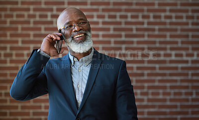 Buy stock photo Phone call of senior black man on brick wall for business communication, networking success or news. Happy professional manager, USA executive or boss talking on smartphone for investment opportunity