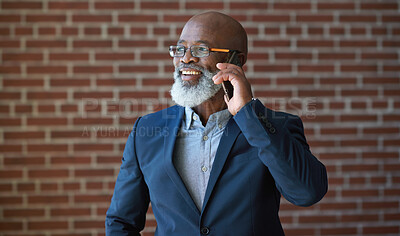 Buy stock photo Phone call of business black man on brick wall for communication, networking success or news. Happy professional manager, senior executive or boss talking on smartphone for investment opportunity