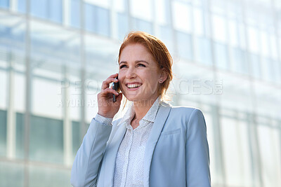 Buy stock photo Business woman, phone call and talking in city, street or town with contact outdoors. Technology, thinking and happy female entrepreneur with 5g mobile smartphone for networking, chat and discussion.