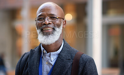 Buy stock photo Senior black man, business and portrait in city, street or town with company goals. Ceo, boss and face glasses of happy elderly male entrepreneur from Nigeria with vision, mission and success mindset