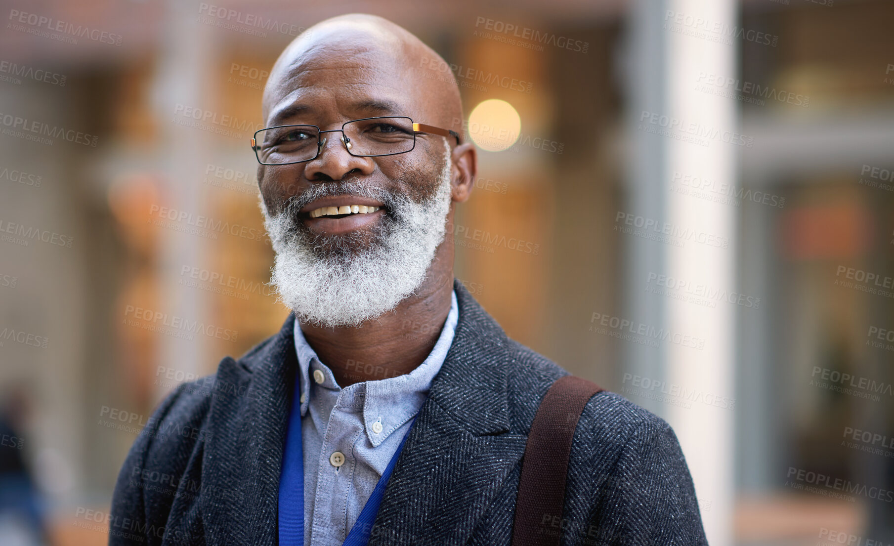 Buy stock photo Senior black man, business and portrait in city, street or town with company goals. Ceo, boss and face glasses of happy elderly male entrepreneur from Nigeria with vision, mission and success mindset