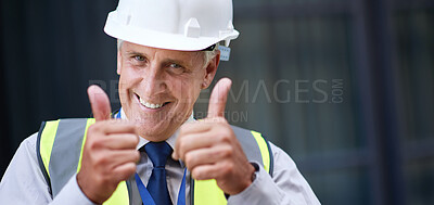 Buy stock photo Thumbs up, engineer and portrait of senior man outdoor for building project management. Face of contractor person with helmet for civil engineering, safety and development at mockup construction site