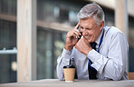 Mature businessman using smartphone talking on mobile phone call having conversation in city smiling happy
