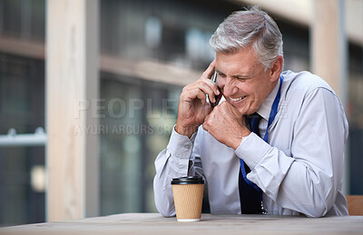 Buy stock photo Phone call, business man and laughing in city, street or town while talking with contact. Technology, comic and happy senior male entrepreneur with 5g mobile smartphone laugh at funny joke or comedy.