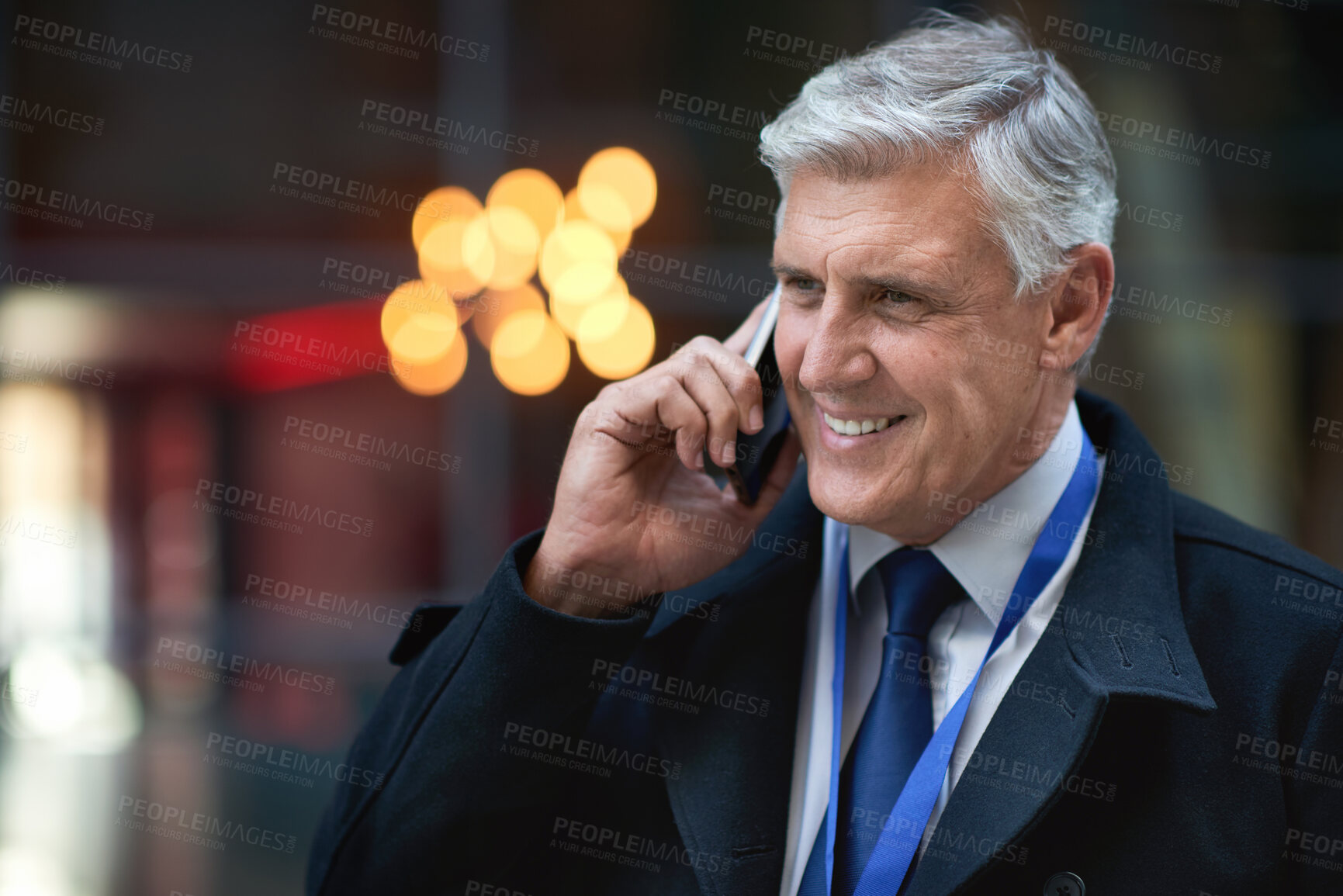 Buy stock photo Phone call, senior and business man in city, talking or chatting to contact in night town. Bokeh, thinking and happy entrepreneur with 5g mobile smartphone for networking, discussion or conversation.