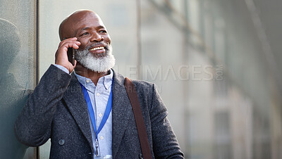 Buy stock photo Phone call, idea and a business black man in the city with mockup for communication or networking. Contact, thinking and 5g mobile technology with a senior male manager talking on his smartphone