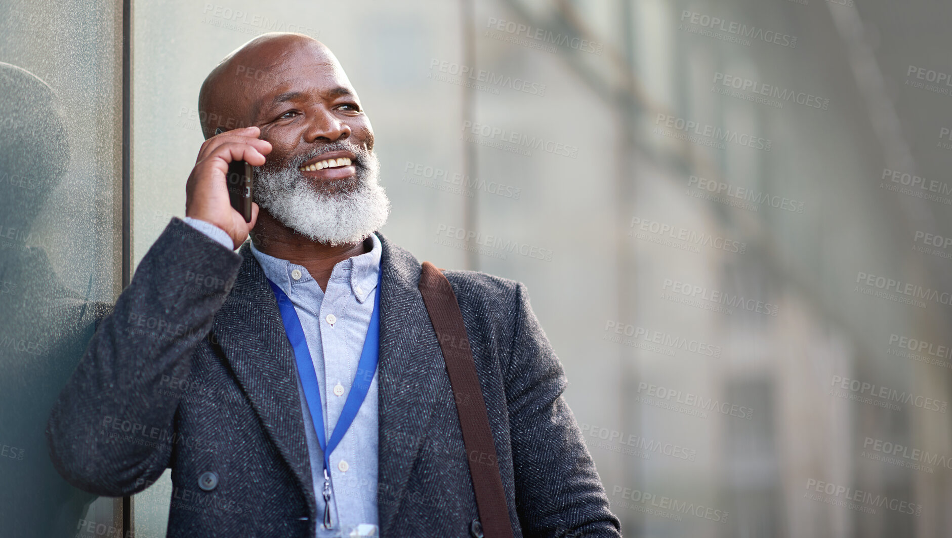 Buy stock photo Phone call, idea and a business black man in the city with mockup for communication or networking. Contact, thinking and 5g mobile technology with a senior male manager talking on his smartphone