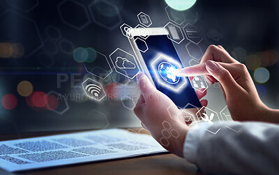 Buy stock photo Hands, phone and digital transformation at night for global communication, networking or technology software icons. Hand of person on futuristic IoT smartphone in big data, innovation or virtual app