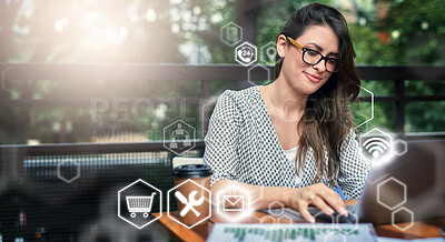 Buy stock photo Woman, laptop and digital transformation in analytics, networking or technology software icons outdoors. Female freelancer in futuristic big data, innovation or cloud computing for strategic analysis