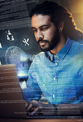 Buy stock photo Black man, coding and global network with icons, laptop and app with digital transformation and overlay. IT, cyber with programming and software update with Earth hologram, 3D and cloud computing