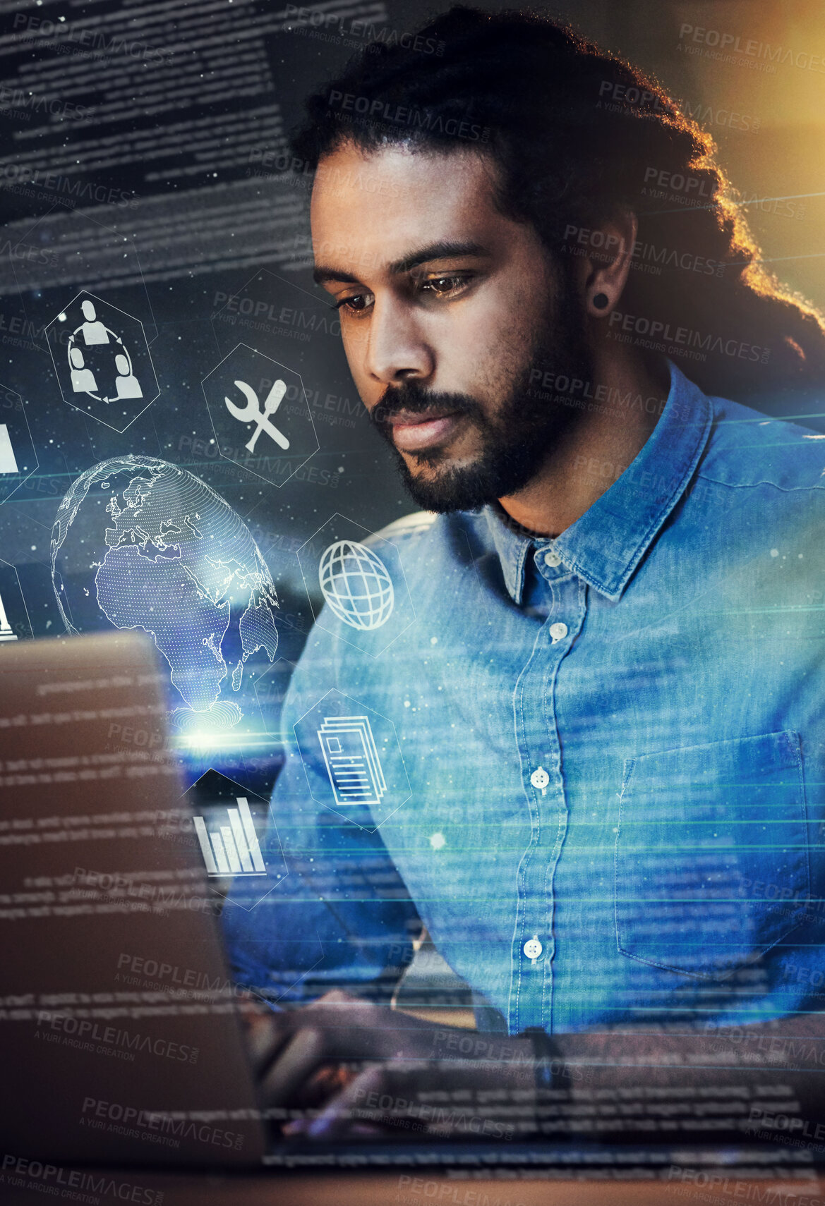 Buy stock photo Black man, coding and global network with icons, laptop and app with digital transformation and overlay. IT, cyber with programming and software update with Earth hologram, 3D and cloud computing
