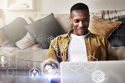 Buy stock photo Digital app overlay. computer infographics and black man working in a living room. Online software hologram, cloud computing and information technology of a remote worker doing web research at home