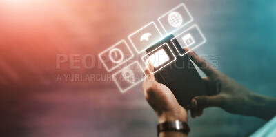 Buy stock photo Business man, app icons and technology abstract with hologram, communication and 3D, chat and email with internet. Digital overlay, smartphone in hands and mockup, futuristic connection and wifi