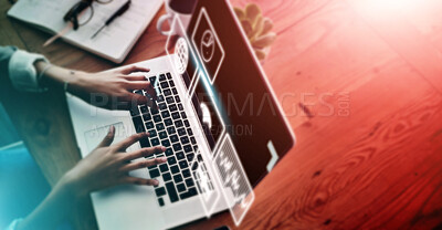 Buy stock photo Laptop, data overlay and hands typing and doing research for a wed design project in the office. Technology, information and woman working on a website development on a computer in the workplace.