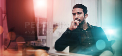 Buy stock photo Serious, computer and business man in office for research, thinking and software developer with bokeh. Website, database and technology with employee for idea, project proposal and app management 