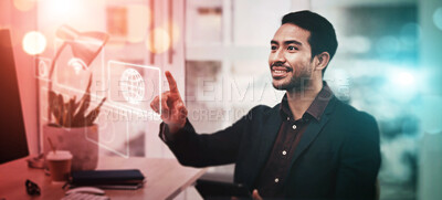 Buy stock photo Man, office and night with finger by hologram overlay for web design, innovation and 3d ux for typing. Programming expert, holographic ui or website with smile, cloud computing or analysis for coding